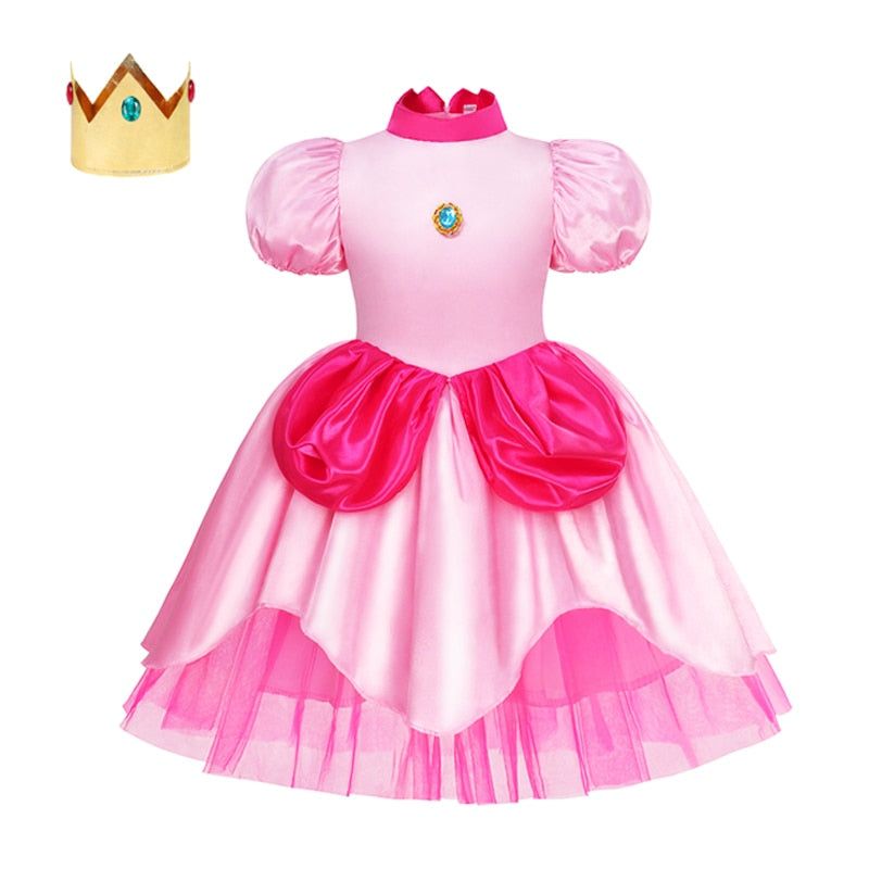 Peach Princess Cosplay Dress Girl Movie Role Playing Costume Birthday Party Stage Performace Outfits Kids Carnival Fancy Clothes