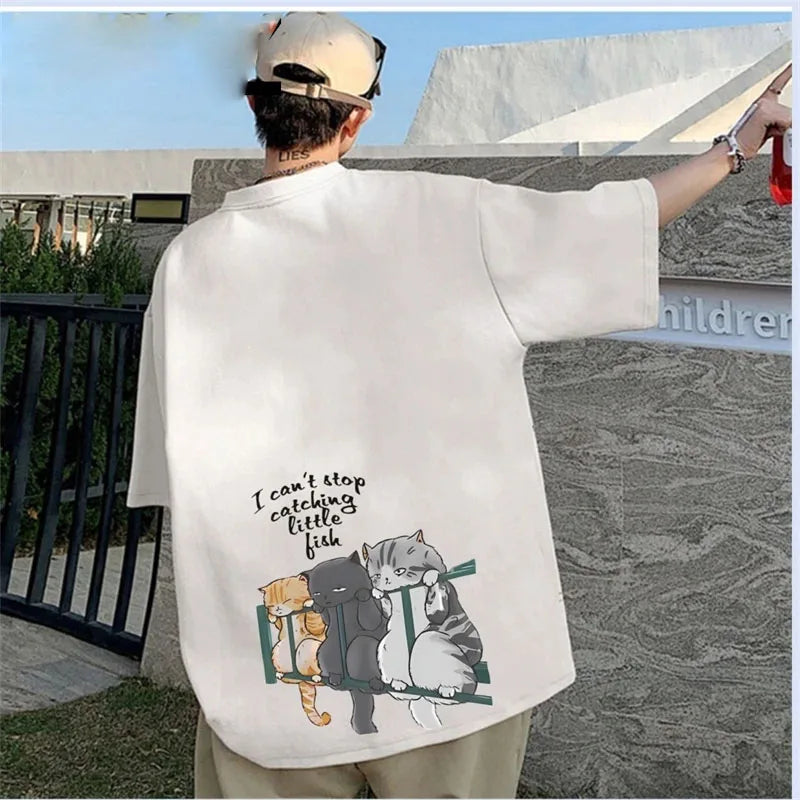 New Summer Japanese Anime Cat Print Tshirt Men Soft Cotton T-shirts Men High Street Couple T Shirts Casuals Streetwear Men
