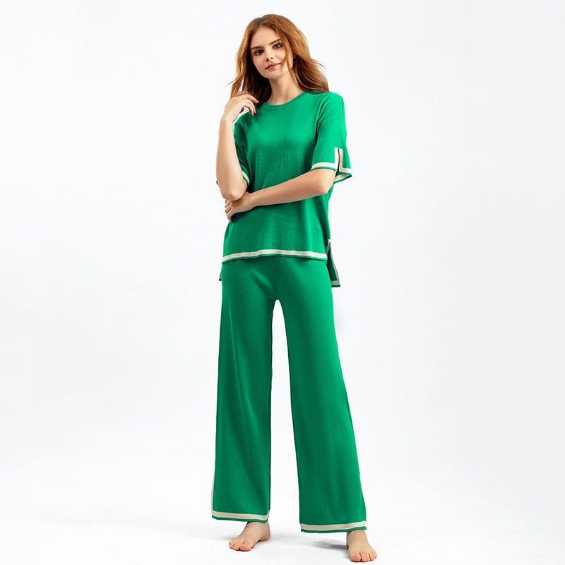 WAYOFLOVE Women Knitted Sweater Two Pieces Sets Spring Autumn O-Neck Loose Pullovers Sweater Tops & Wide-Leg Pants Knitwear Suit Plus size - Jointcorp