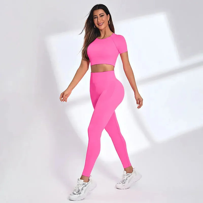 Women Yoga 2 Pieces Workout Outfits Seamless High Waist Leggings Sports Crop Top Running Clothes Sets
