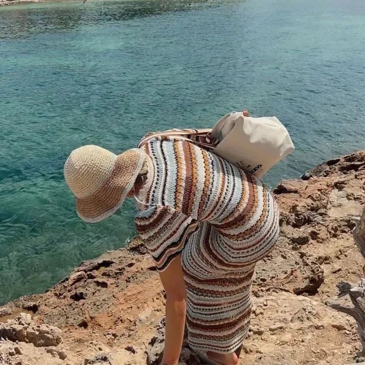 Chic Contrast Striped Knitted Maxi Dresses Female U-neck Short Sleeve High Waist Slim Vestidos Women Casual Beach Holiday Dress