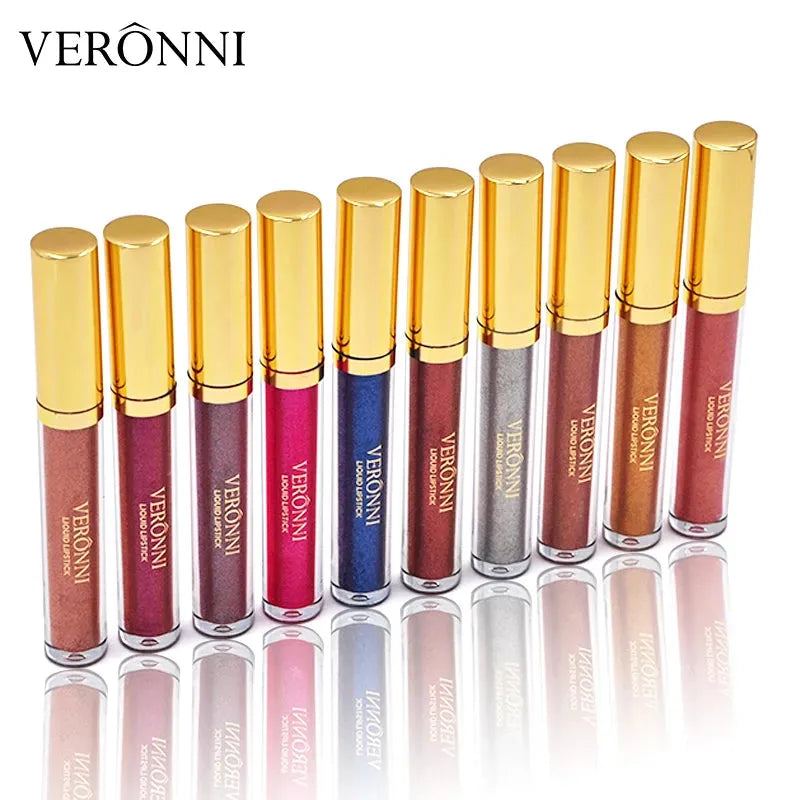 10Colors VERONNI Sexy Glitter Diamond Lip Gloss Shimmer Long Lasting Lip Makeup Waterproof Metallic Pearl Color Velvet Lip Gloss