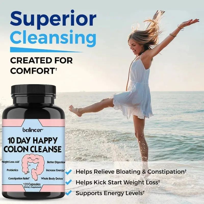 10 Days of Happy Colon Cleanse Digestive Support - Daily Detoxification, Constipation Relief | Non-GMO 60/120 Capsules