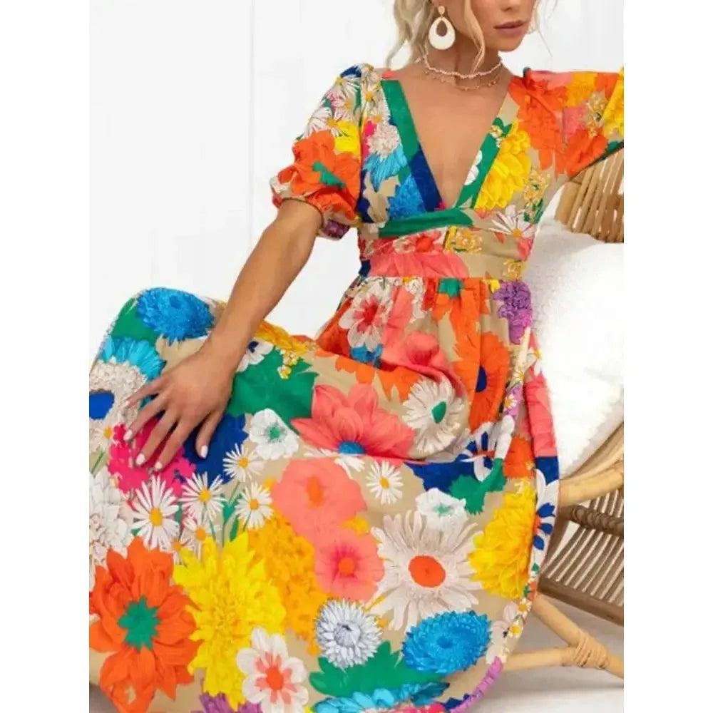 Summer Fashion New Elegant Women's Dress V-neck French Printed Bubble Sleeves Leisure Vacation Wind Flower Petal Long Dress