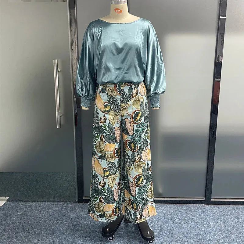 Women Two Piece Set Fashion Long Lantern Sleeve Solid Round Neck Top Loose Wide Legs Print Pants Sets Streetwear