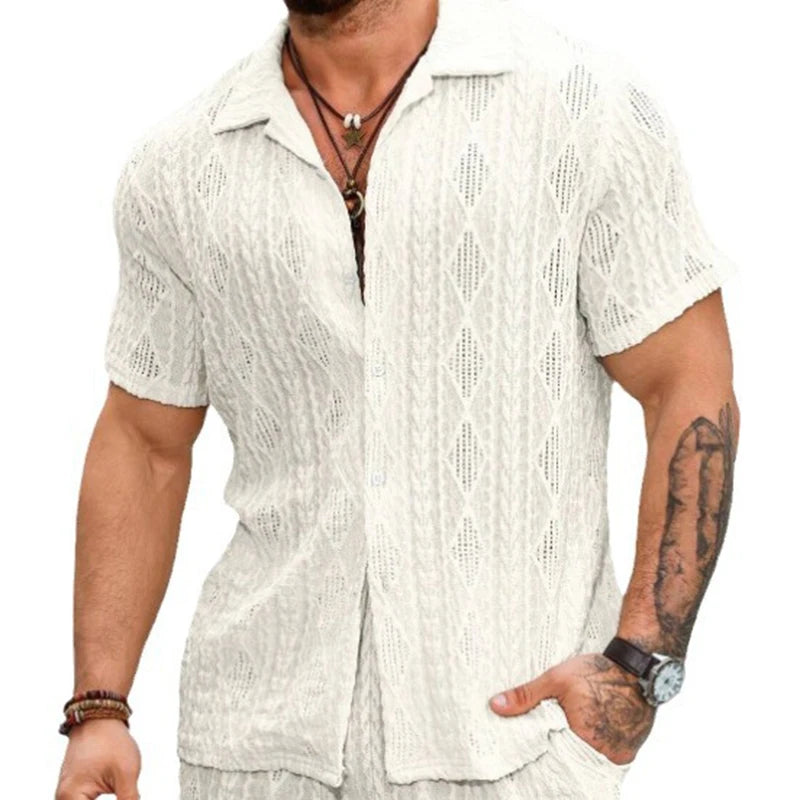 Beach Casual Breathable Mesh Lace Shirt Men Summer Vintage Hollow Out Lapel Button-up Cardigans Mens Shirts Short Sleeve Shirts