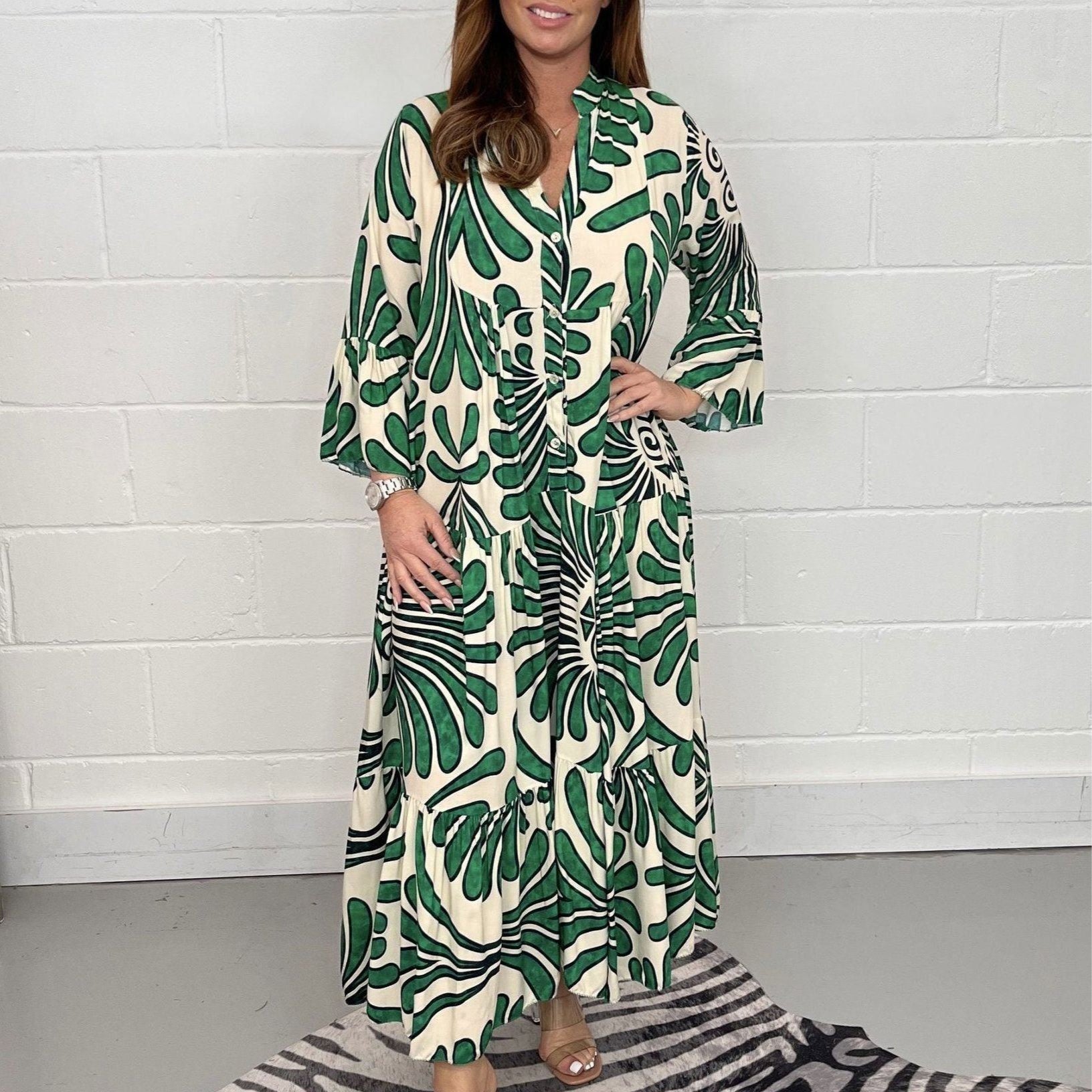 Women Vintage Print Maxi Dress Summer Casual Turn-down Collar Long Sleeve Long Dress Female Boho Beach Shirt Dress - Jointcorp