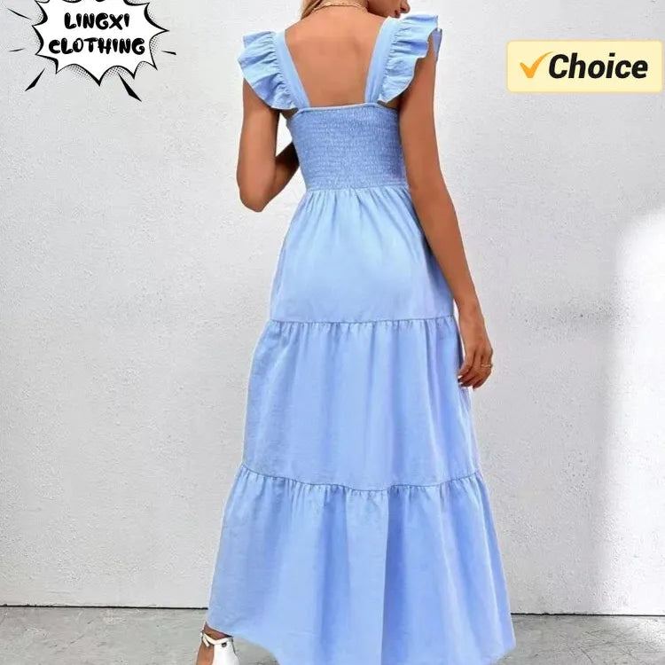 2024 Summer New Solid Color Long Dress with Hanging Straps Elegant and Pleated Dress Commuter Style Fashion Women's Puff Skirt