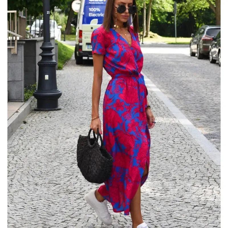 Summer Fashion New Floral Printed Mid-Length V-Neck Dress Split Vacation Style Dresses