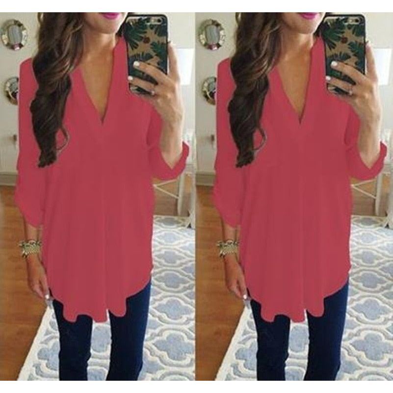 Loose Maternity V-Neck Blouse Long Sleeve Shirt Pullover Tops Chiffon Female Women Solid T-Shirt Streetwear Clothing Plus Size