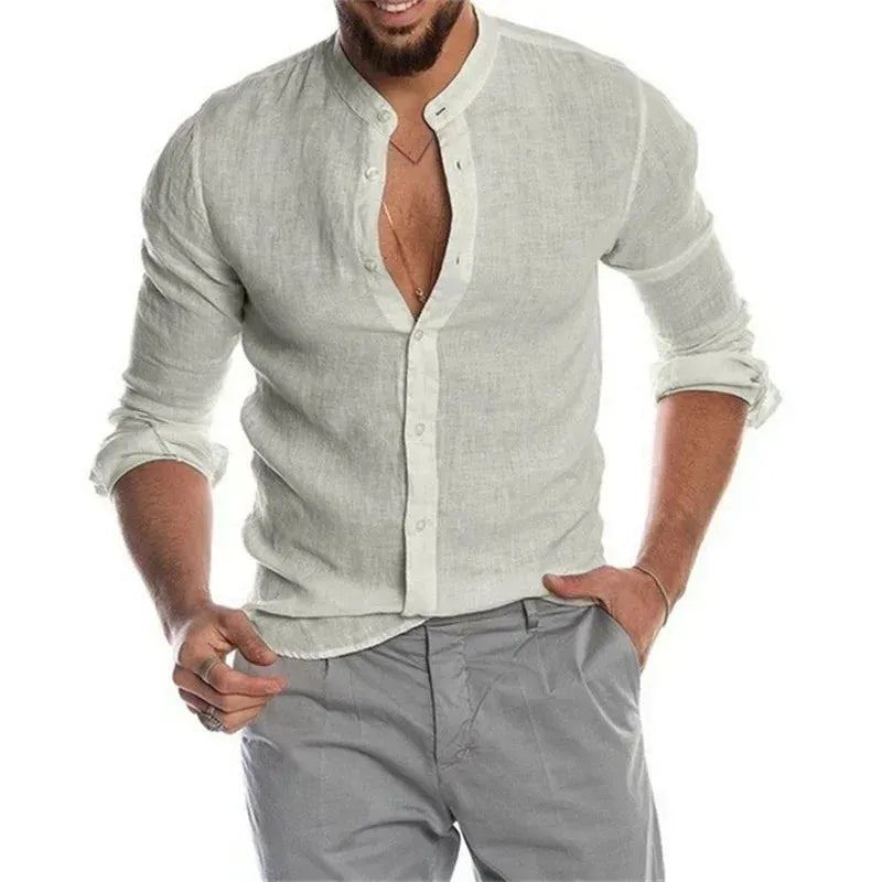 New Men's Fashion Casual Solid Color Shirt Pullover Button Linen Cotton Comfortable Daily Top Long Sleeve Shirt