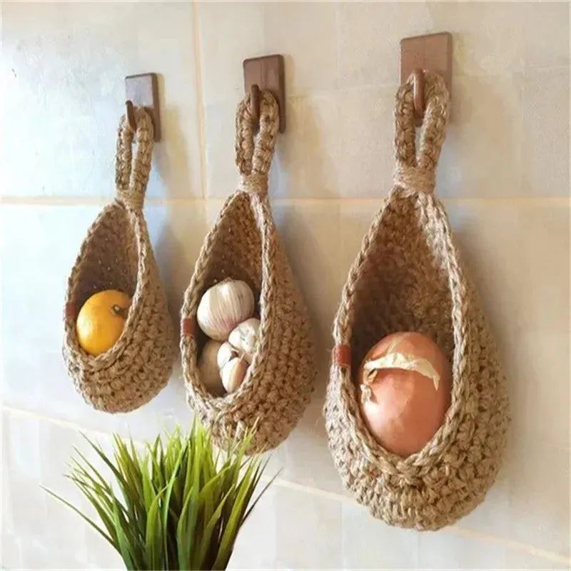 Wall-mounted Vegetable Basket Fruit and Sundry Basket Natural Wicker Weave Storage Basket Kitchen Storage Home Decoration