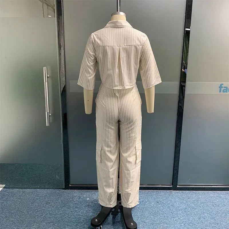 Women Two Piece Set Summer Casual Lapel Single Breasted Hald Sleeve Loose Top Striped Printed With Pockts Pants Sets