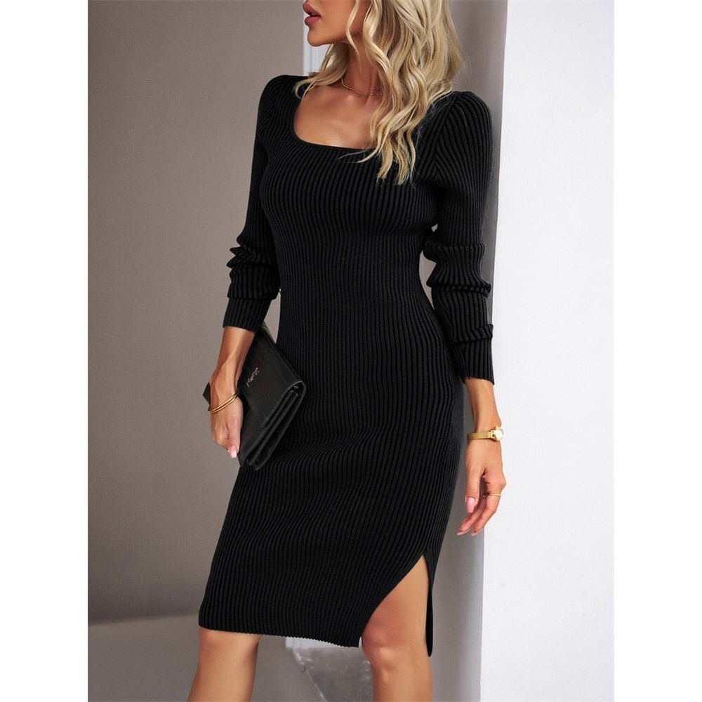 Ladies Knitted Autumn Winter Sweater Dress Women Slits Bodycon Tight Dresses Elegant Long Sleeve Vintage dresses - Jointcorp