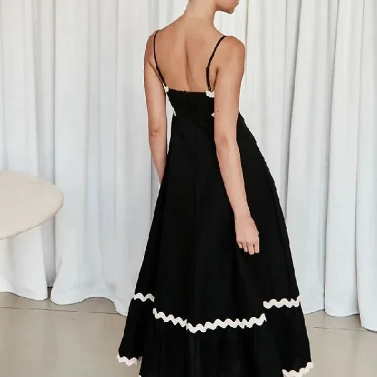 Elegant Spaghetti Strap Midi Dress Fashion Wave Striped Patchwork Maxi Dress For Women Female Backless Party Evening Sling Dress