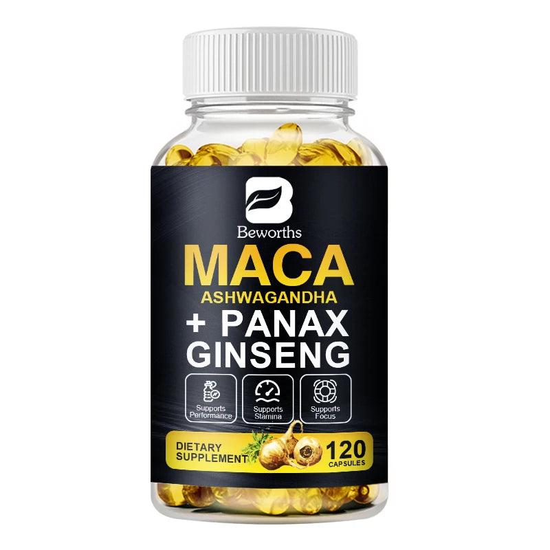 BEWORTHS Natural Maca Root Capsules with Ashwagandha Extract Vegetarian for Men Health Soft Gels Gluten Free Energy Supplement