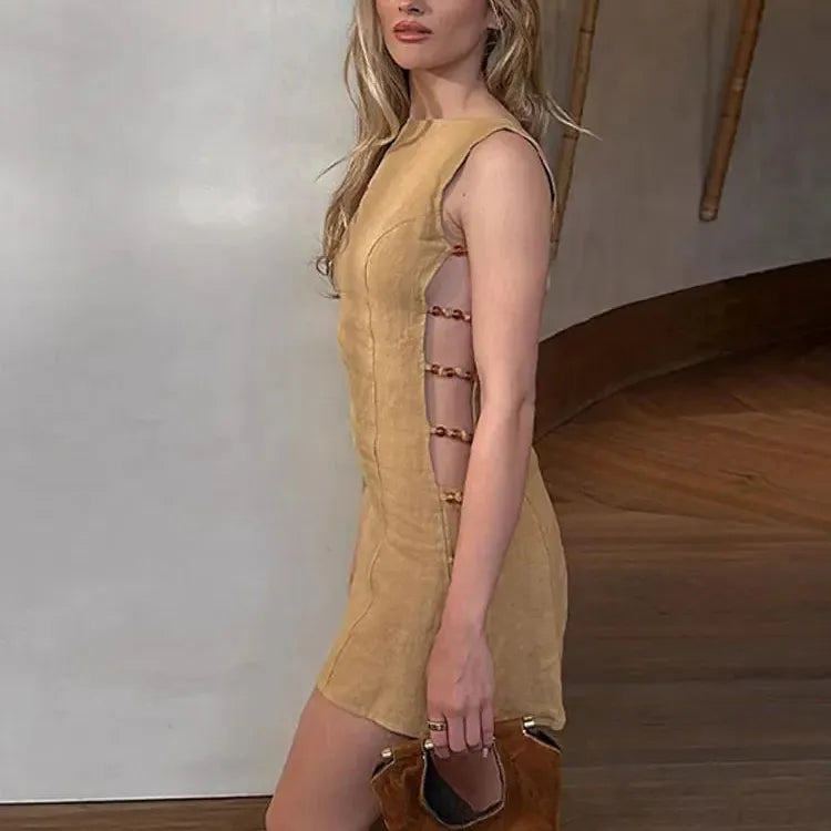 Chic Side Beaded Hollow Out Women Mini Dresses O-neck Backless Sleeveless Slim Dress 2024 Spring Lady High Street Vestidos