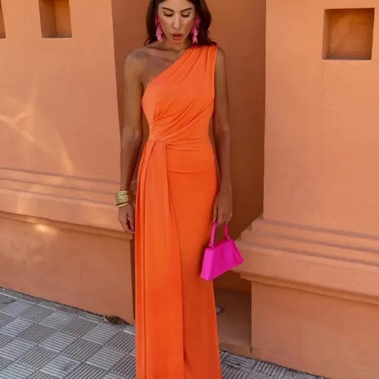 Women Elegant Solid Slim Long Dress Chic Sleeveless Backless Oblique Shoulder Pleated Robe 2024 Summer Lady Party Vestidos