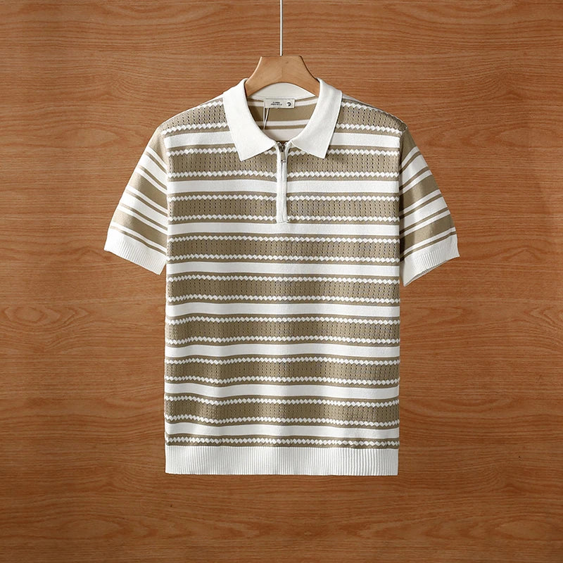 Fashion Striped Knitting Polo Shirts Men Short Sleeve Zip-up Polo Collar Shirt For Men Spring Summer Vintage Knitted Polo Shirt