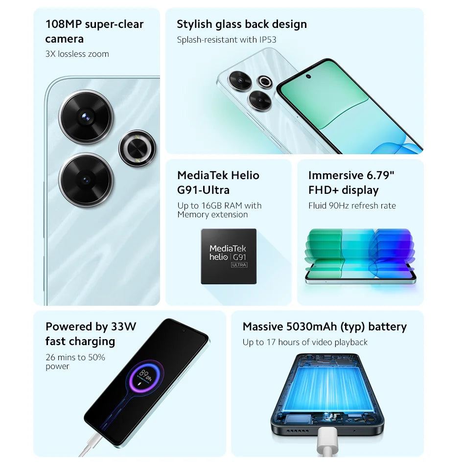 Global Version Xiaomi Redmi 13 Smartphone 108MP Main Camera 5030mAh Battery MTK Helio G91-Ultra 6.79“ Display 33W Fast Charging