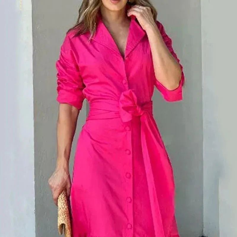 Women Maxi Dress Long Sleeve Lapel V Neck