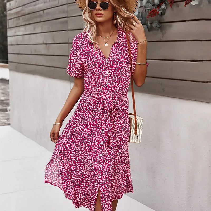 Summer Women Floral Print Dress Casual Short Sleeve Button Holiday Midi Dresses Female V-Neck Beach Boho Chic Dress Elegant Robe