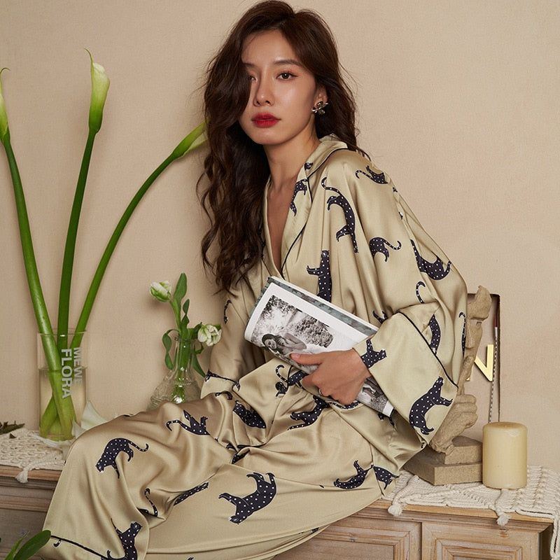 QSROCIO High Quality Women's Pajamas Set Luxury Leopard Print Loose Top Sleepwear Silk Like Nightwear Leisure Homewear Femme - Jointcorp