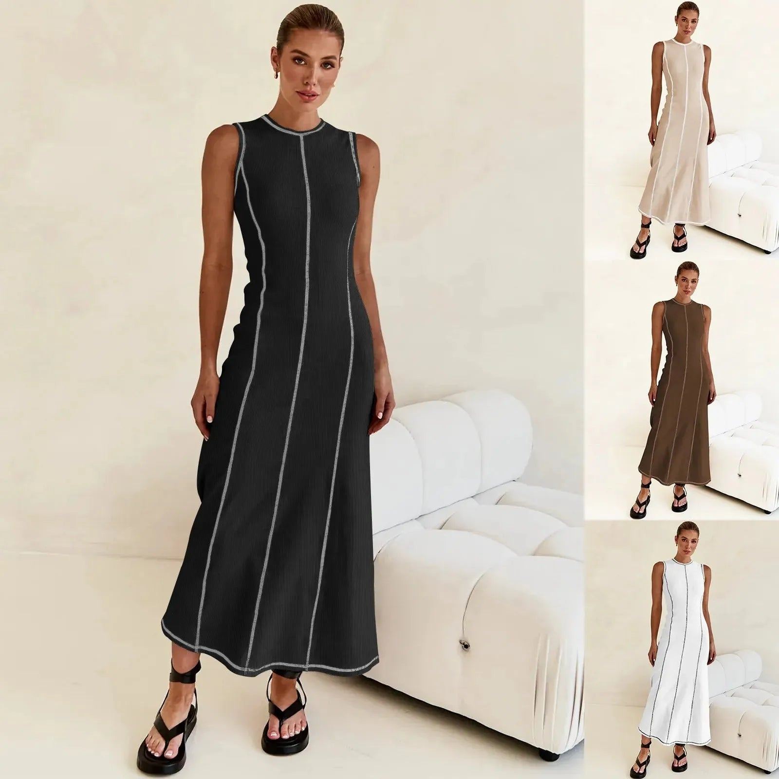 New Contrasting Line Dress Round Necked Sleeveless Slim Fit Vest Dresses For Women Summer Fashion Trend All-Match Vacation Dress