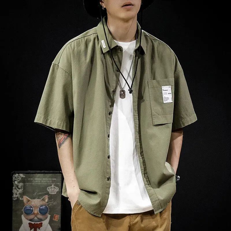 2023 Vintage Short Sleeve Social Shirt Men's Loose Casual Cardigan Cargo Shirt Summer Fashion Preppy Streetwear Plain Blouses