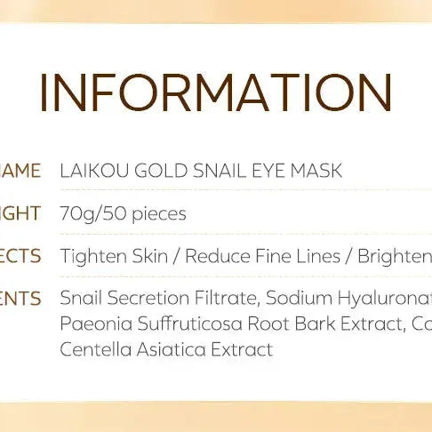 2024 LAIKOU Golden Snail Eye Mask 50 pieces, eye care, moisturizing, moisturizing and nourishing eye mask