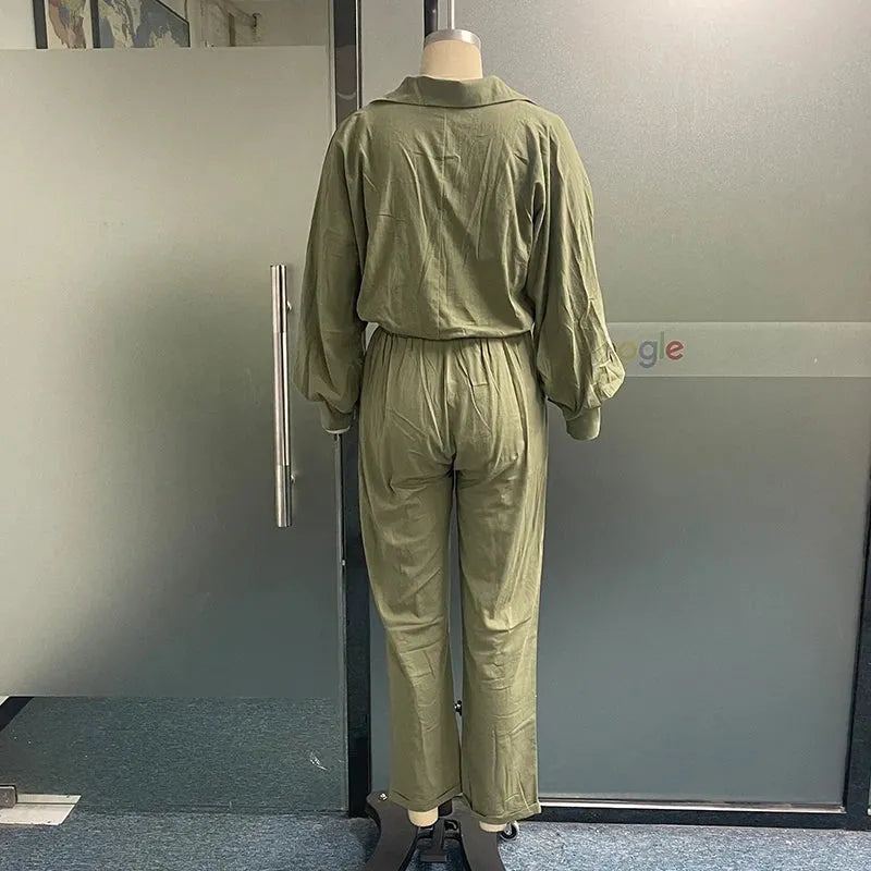 Women Two Piece Set Autumn Office Fashion Solid Lapel V Neck Long Lantern Sleeve Shirt Top Loose Pants Sets Streetwear