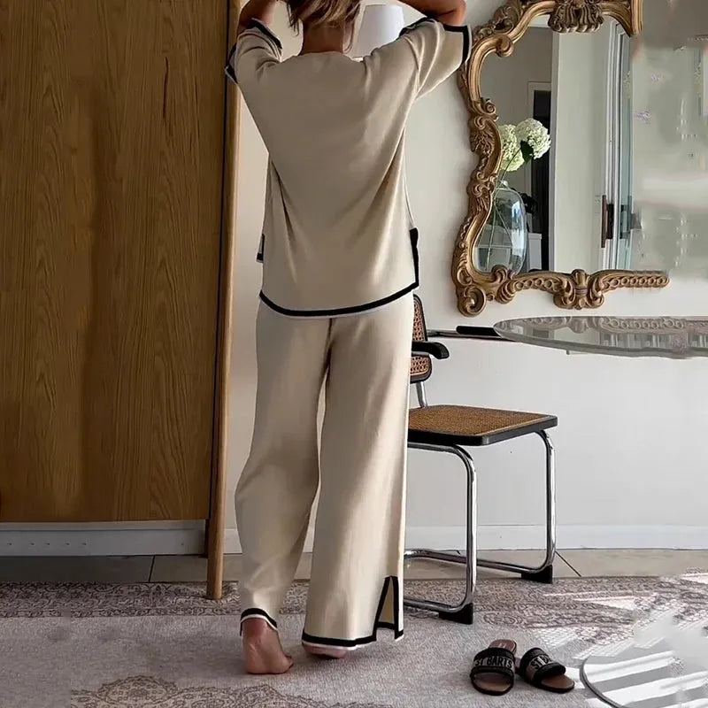 Women Two Piece Set Summer Casual Splicing Round Neck Short Sleeve Top Loose Wide Legs With Pockets Slit Pants Sets