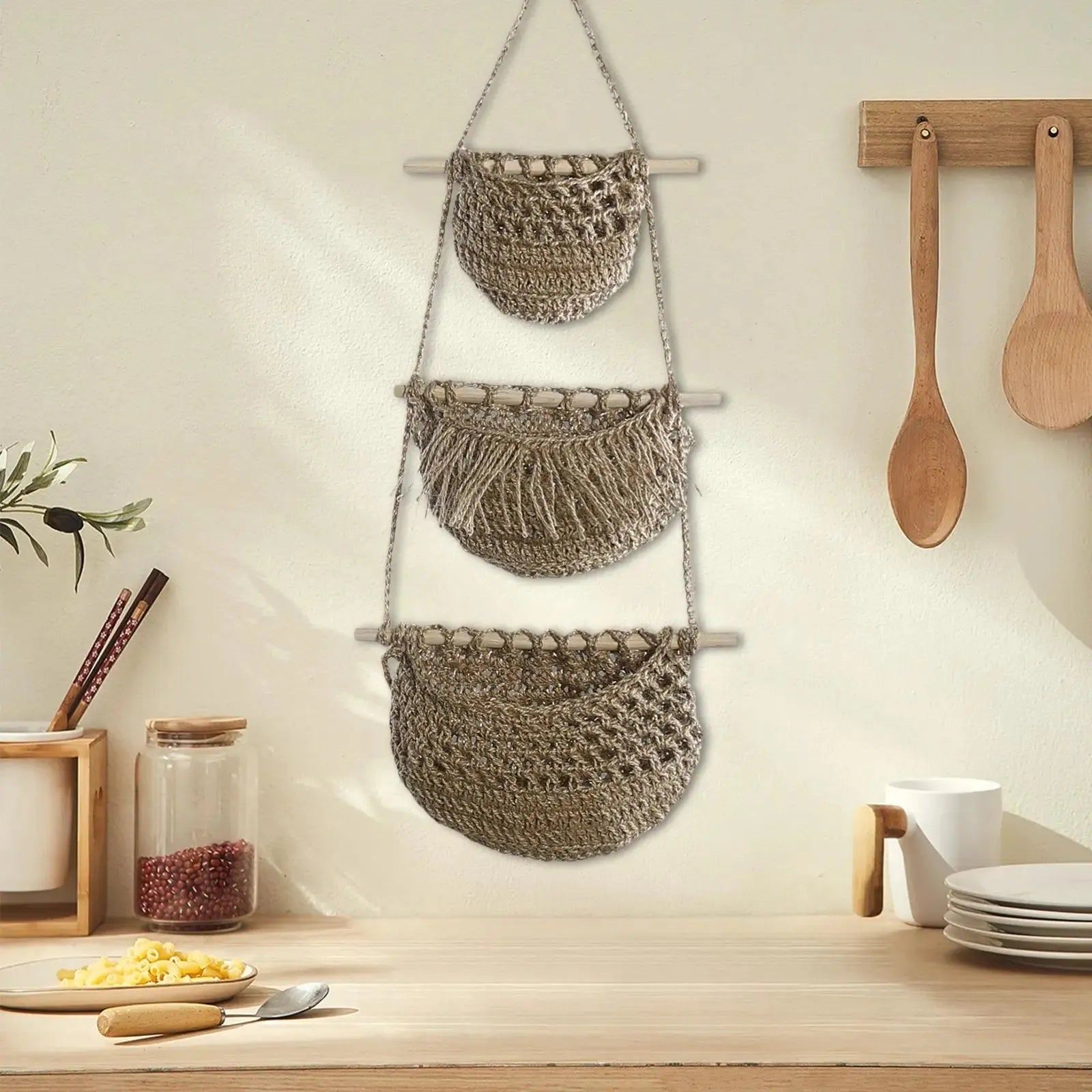 Hanging Fruit Baskets Multipurpose Boho Decor Handwoven Indoor Planter Holder for Organizing Onion Vegetables Potato Kitchen