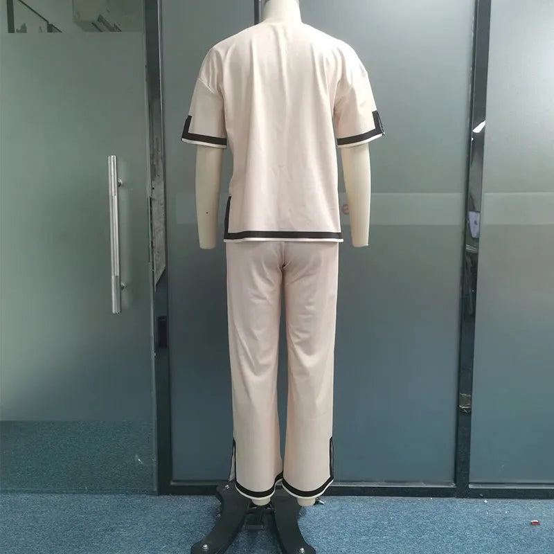 Women Two Piece Set Summer Casual Splicing Round Neck Short Sleeve Top Loose Wide Legs With Pockets Slit Pants Sets