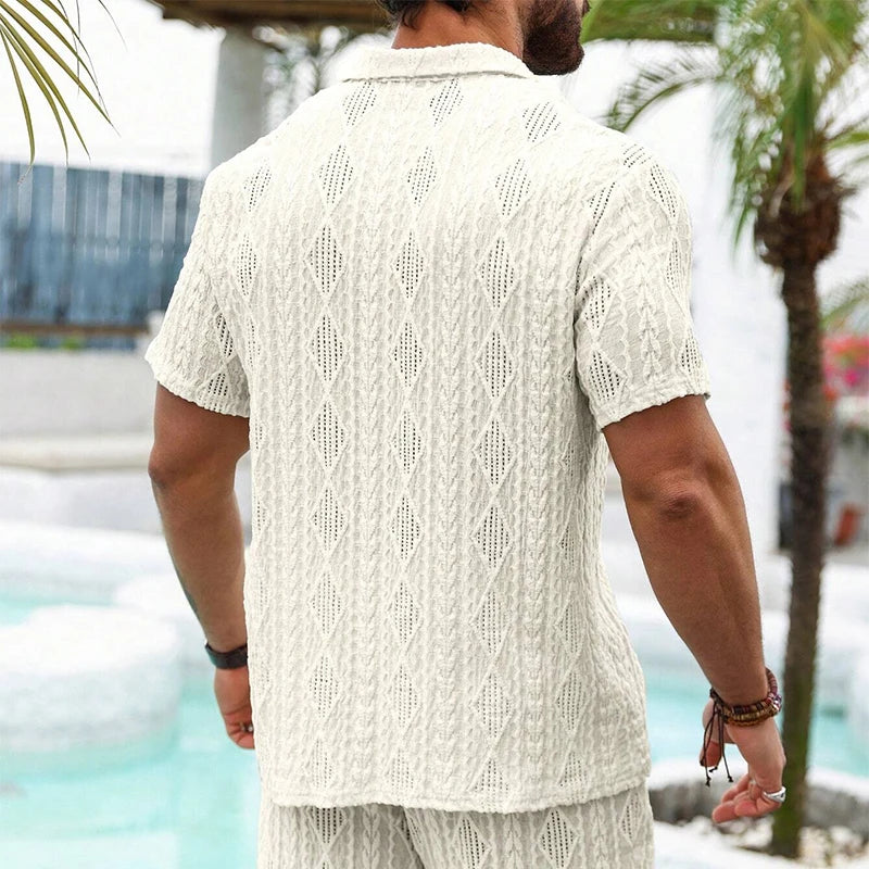 Beach Casual Breathable Mesh Lace Shirt Men Summer Vintage Hollow Out Lapel Button-up Cardigans Mens Shirts Short Sleeve Shirts