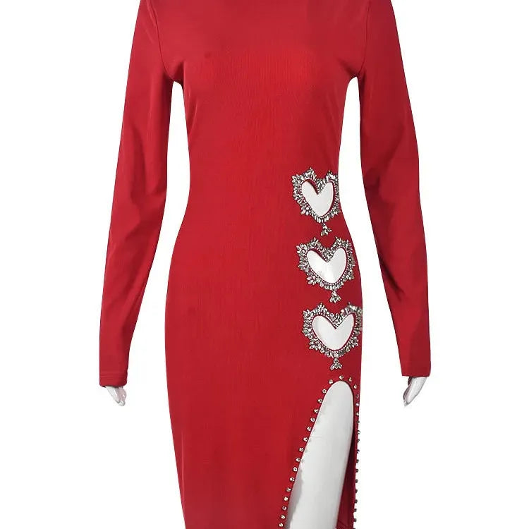 DEAT Fashion Women's Heart Diamonds Hollow Out Split Dress 2024 Spring New O-neck Long Sleeves Wrap Hip Dresses Female 33A658
