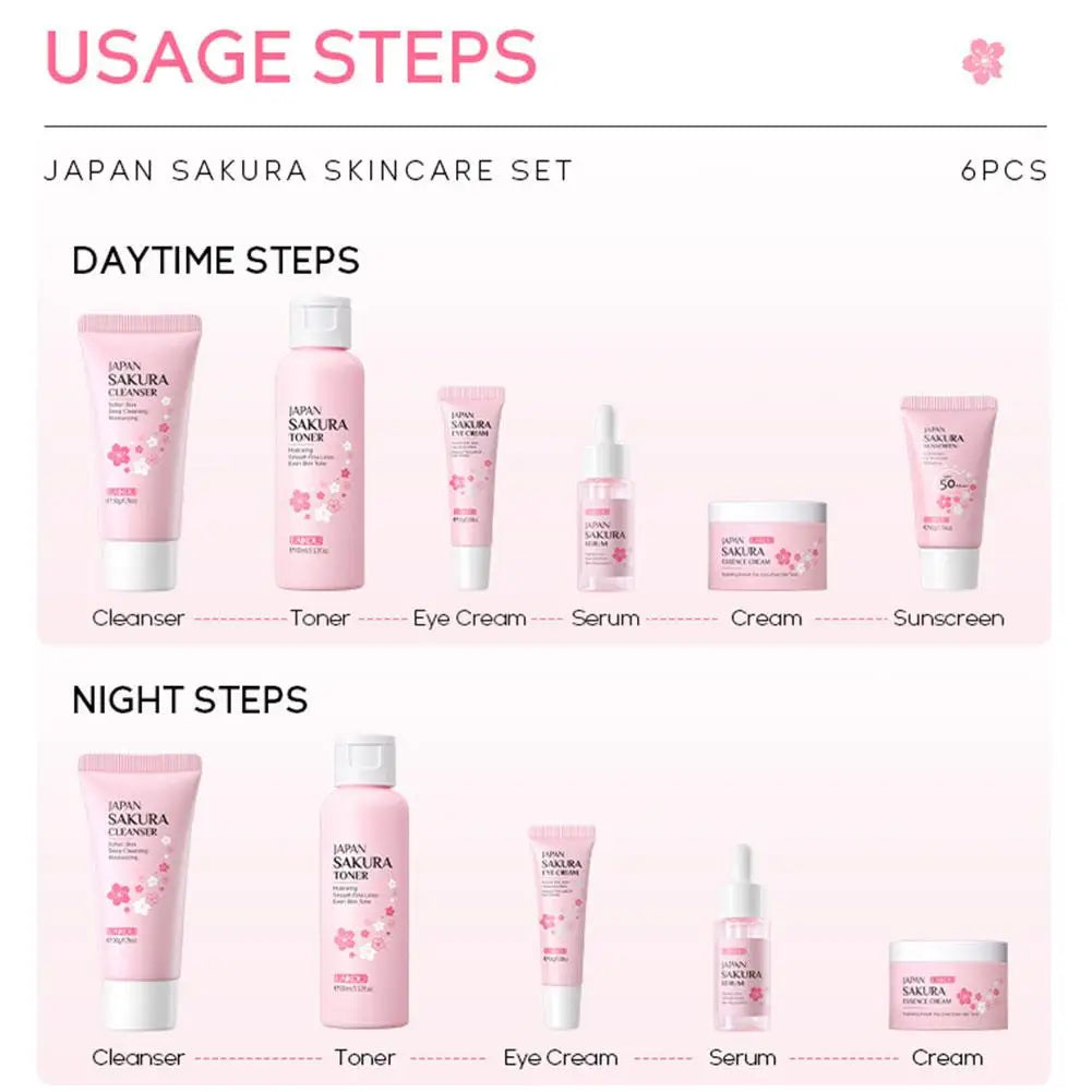 6pcs/Lot Sakura Skin Care Sets Face Cream Serum Toner Facial Cleanser Sunscreen Eye Cream Face Skin Care Set Product