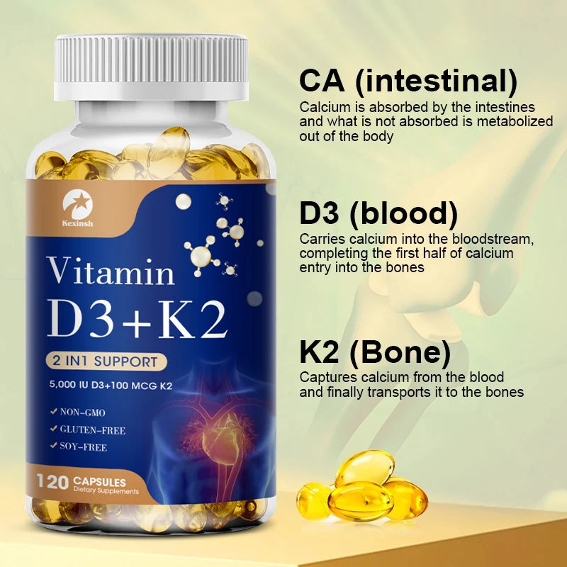 Kexinsh D3 K2 Vitamin Capsules Helps Promote Bone Heart Immune Health Non-GMO formula Protects The Heart and Supports Immunity
