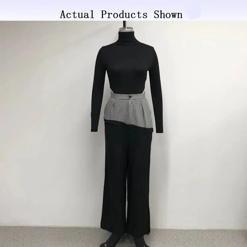 Women Two Piece Set Autumn Fashion Solid Turtleneck Long Sleeve Slim Top Loose Splicing Loose Pants Sets Streetwear