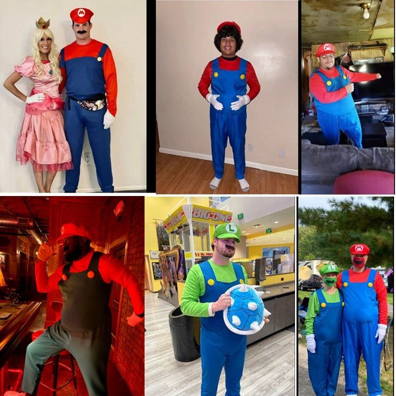 Super Mario Bros Adult Costume with Hat and Mustache Disguise Mens Mario Costume Funny Festival Cosplay Costumes