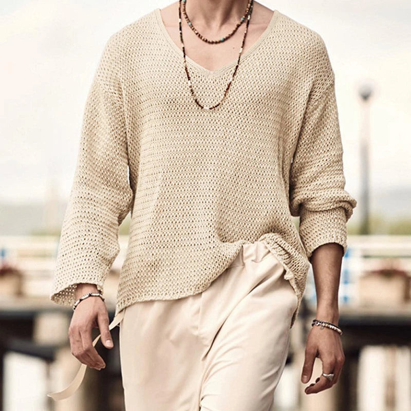 Summer Beach Casual Breathable Pullover Mens Knitting Long Sleeve V Neck Tops For Men Leisure Pure Color Hollow Out Knit T Shirt