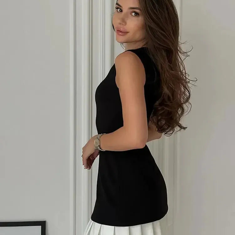 Women Elegant Mini Pleated Dress Suit Fashion O-neck Sleeveless Slim Patchwork Dresses Summer Lady New Chic High Street Robes
