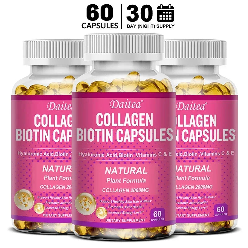 Collagen Biotin Supplement - Hyaluronic Acid Biotin Vitamin C E - Hair Skin Nails Joint Support and Energy Boost Vegan Capsules