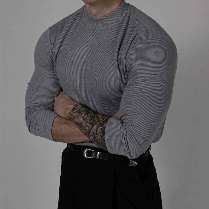 Fashionable Ribbed Solid Color Bottoming Tee Men Autumn Casual Mock Neck Long Sleeve Slim T-shirt For Mens Stylish Basic T Shirt