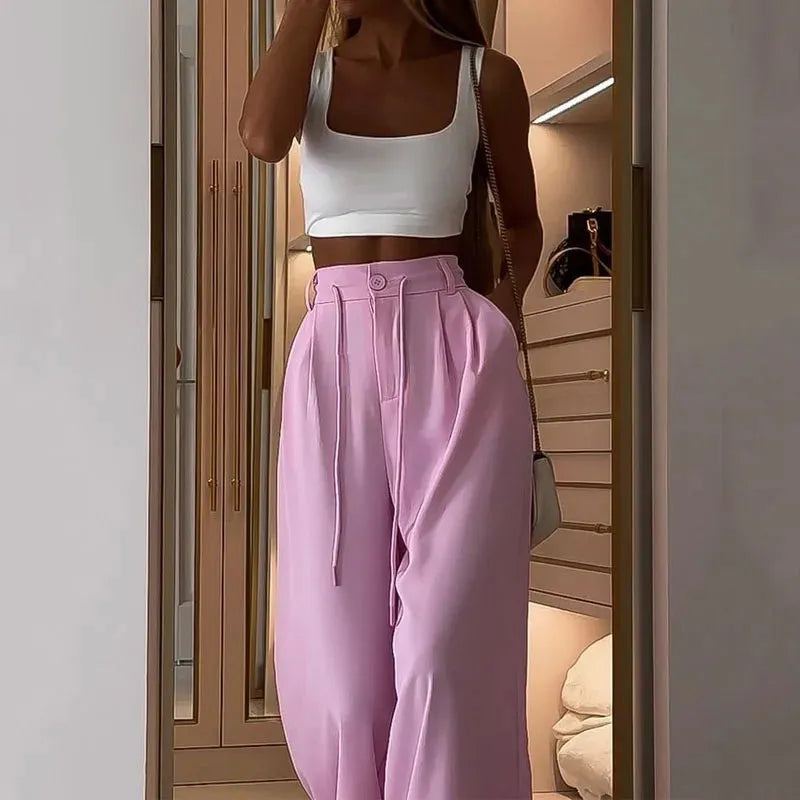 Women Two Piece Set 2023 Summer Casual Sleeveless Square Neck Solid Tank Top Loose Wide Legs Drawstring Pants Sets