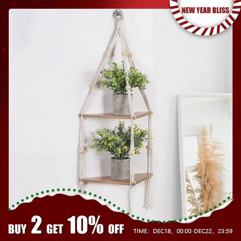 Woven Storage Rack Manual Bohemian Cotton Rope Triangular Wooden Board Home Homestay Decoration Flower Pot Pendant Storage Rack