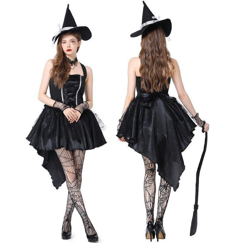 Halloween Purple Orange Sexy Mesh Strap Witch Costumes for Women Adult Fantasy Witch Party Cosplay Carnival Performance Dress