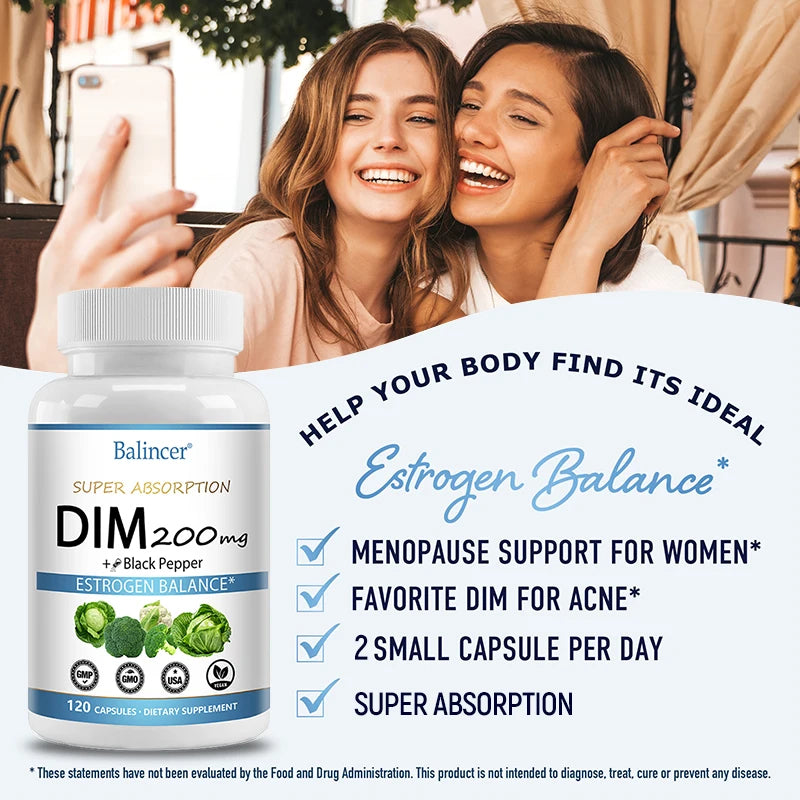 DIM Supplement 200mg Diindolylmethane - Maintains Hormonal Balance with Estrogen for Menopause and Mid-life