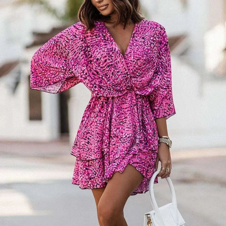 Elegant Office Dress For Wome's Casual Bat Sleeve Flowers Print Bohemian Beach Vacation Sundress Women Summer Ruffl Mini Dresses