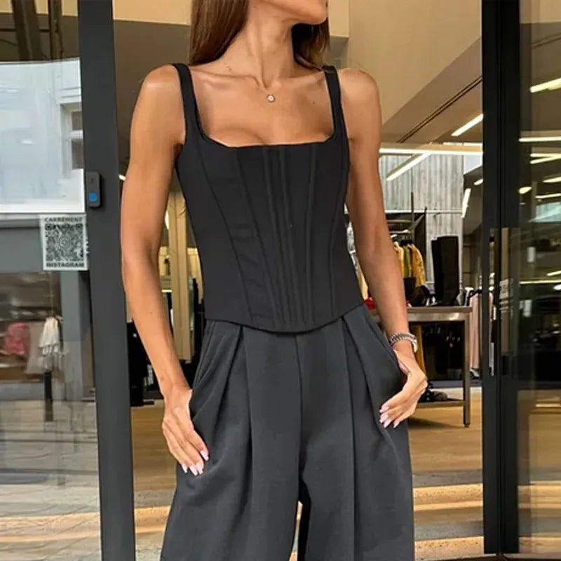 Women Two Piece Set Summer Fashion Sleeveless Square Neck Suspender Slim Top Loose Wide Legs Pants Sets Streetwear